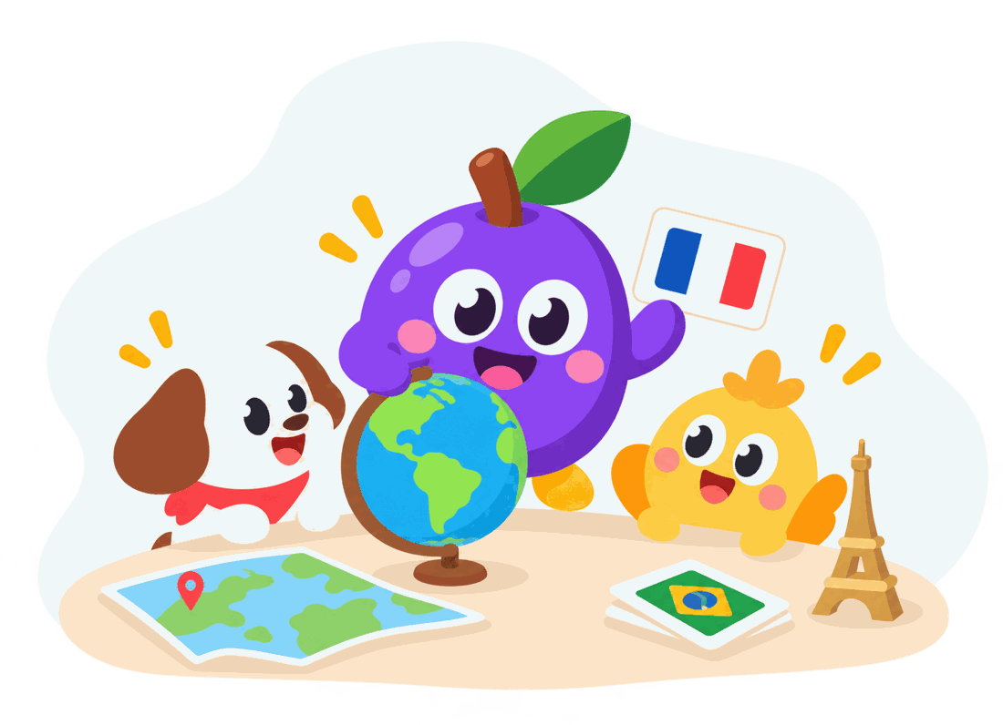 Ume with two little friends around a globe and flash cards