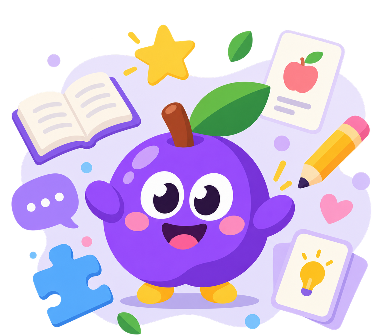 Ume the plum with a book, flash cards, a puzzle piece, a pencil and a star