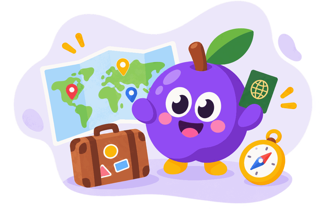 Ume with a world map, a suitcase and a compass